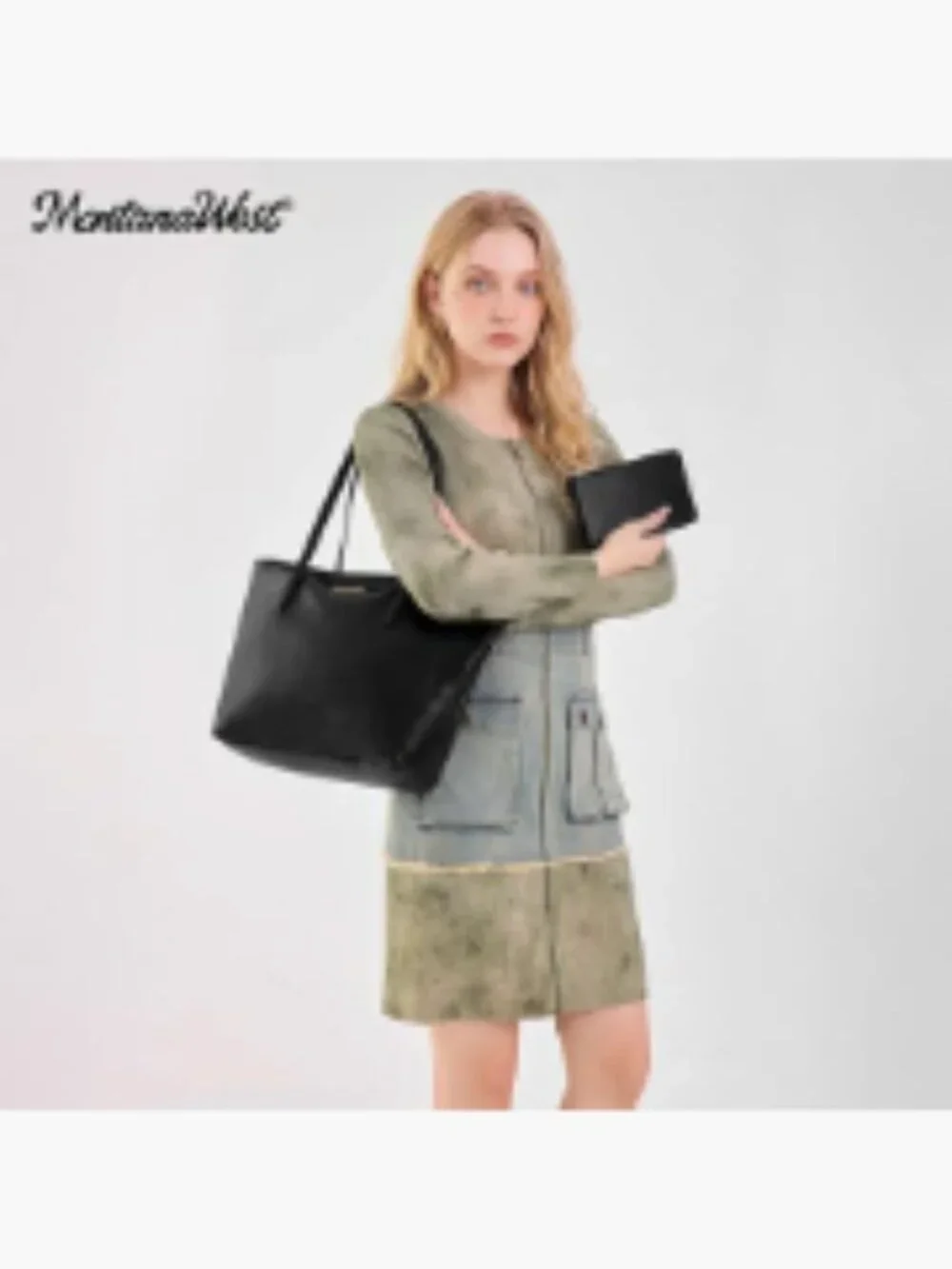 Large Vegan Leather Tote Bag with Detachable Pouch for Work and Travel